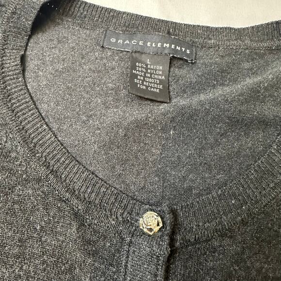 Grace Elements Charcoal Gray Cardigan Sweater Jeweled Button Size Large - Picture 3 of 5